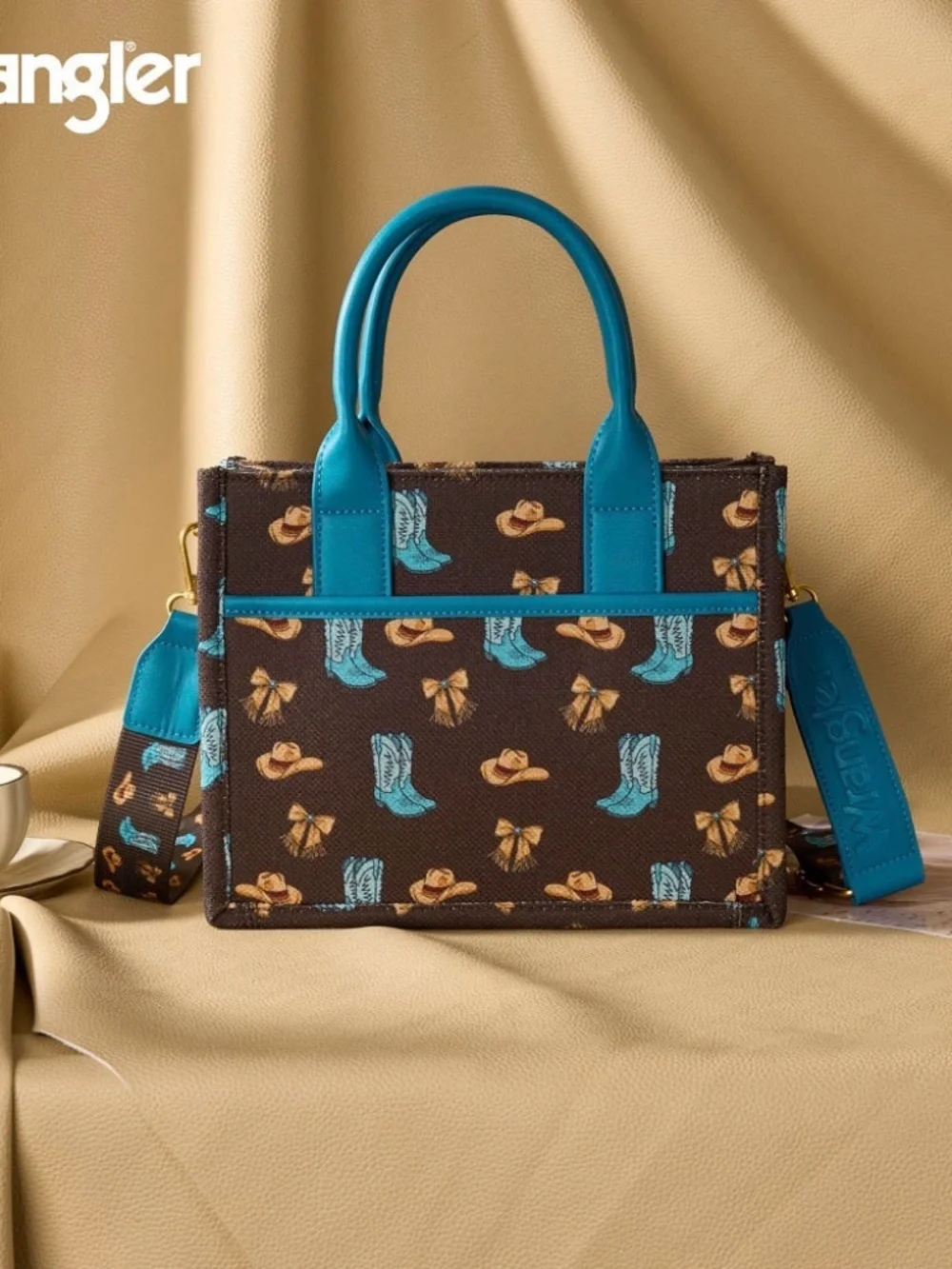 Wrangler Western Cowboy Print Tote Bag Coffee - Picture 5 of 8